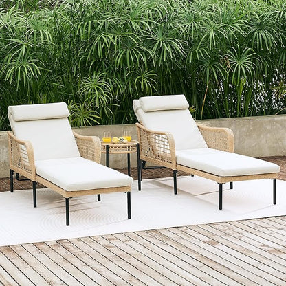 NATURAL EXPRESSIONS Aluminum Outdoor Chaise Lounge Chairs, Wicker Patio Lounge Chair Set of 2 with Side Table, 5-Position Recliner with Headrest Cushion for Yard, Pool (Beige)