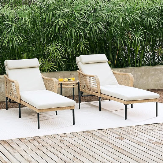 NATURAL EXPRESSIONS Aluminum Outdoor Chaise Lounge Chairs, Wicker Patio Lounge Chair Set of 2 with Side Table, 5-Position Recliner with Headrest Cushion for Yard, Pool (Beige)
