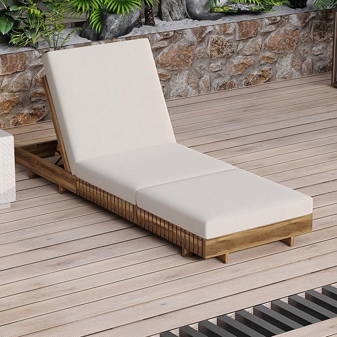 Christopher Knight Home Habers Acacia Wood Chaise Lounge with Triple Folds Cushion, Outdoor Sun Lounger with 6-Position Adjustable Backrest, 77'' Patio Recliner Chair for Poolside Backyard,Teak+Cream