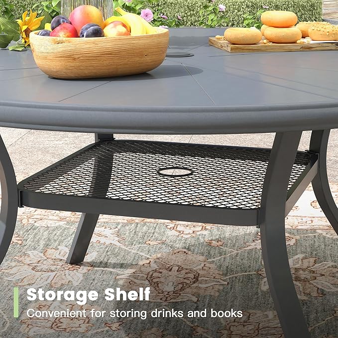 Outdoor Patio Round Dining Table for 6, 47.3" x 47.3" Sleek Aluminum Dining Table with Umbrella Hole for Backyard Garden Lawn Deck, Dark Grey