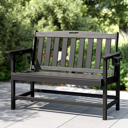 PHI Villa 50 Inch HDPE Outdoor Garden Bench, Park Bench with Reinforced Support Structure, 700 lbs Capacity, 2 Seat All Weather Bench for Outdoors, Patio, Park, Yard and Porch, Black