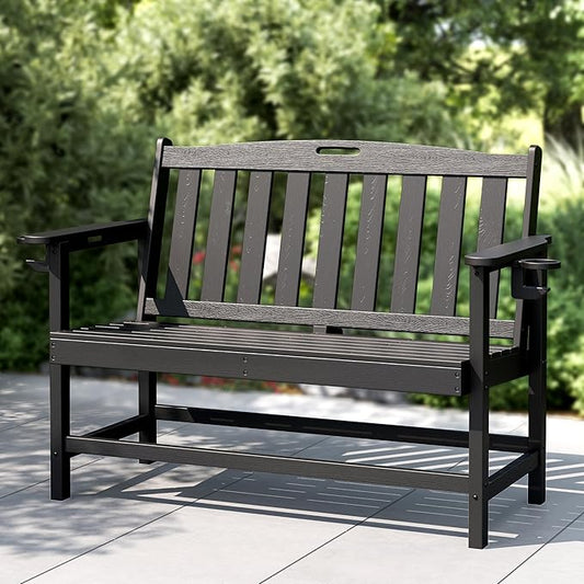 PHI Villa 50 Inch HDPE Outdoor Garden Bench, Park Bench with Reinforced Support Structure, 700 lbs Capacity, 2 Seat All Weather Bench for Outdoors, Patio, Park, Yard and Porch, Black