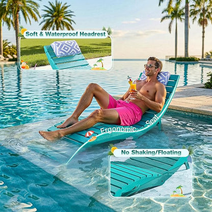 nalone Folding Pool Lounge Chairs Set of 2, HDPE Outdoor Pool Chaise Lounge with Pillow, Pre-Assembled Tanning Chairs with Wheels for Pool Beach Patio (2, Aruba)