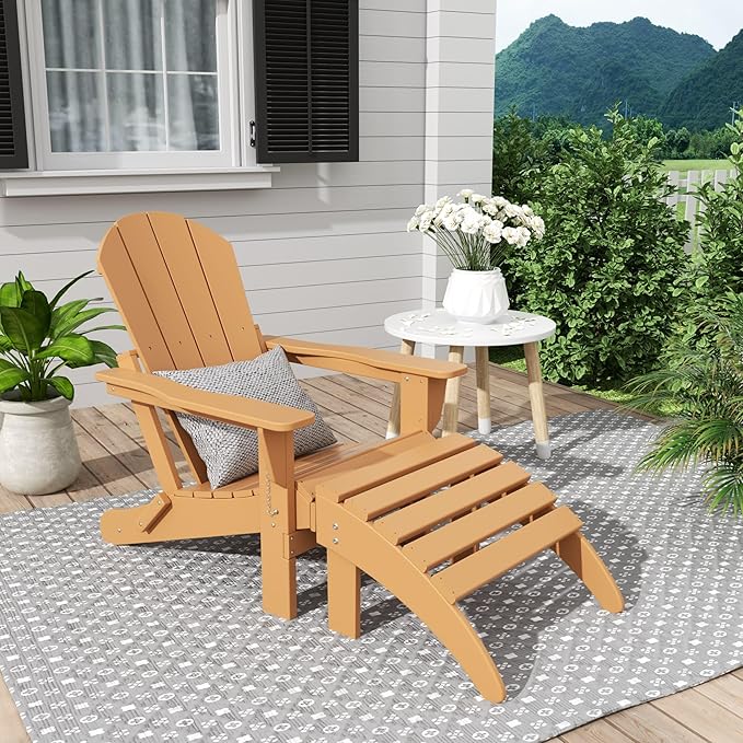 WestinTrends Malibu Outdoor Lounge Chair, 2-Pieces Adirondack Chair Set with Ottoman, All Weather Poly Lumber Patio Lawn Folding Chairs for Outside Pool Garden Backyard Beach, Teak
