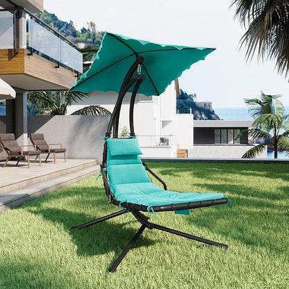 Hanging Chaise Lounge Swing Chair, Hanging Curved Chaise Lounge Chair Umbrella, Curved Steel Hammock Lounger Chairs for Outdoor Indoor Patio Pool Garden Backyard Porch