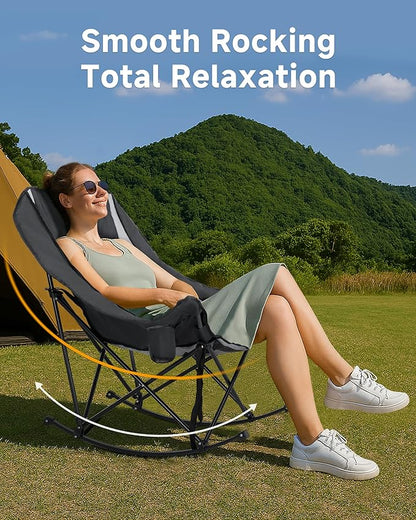 Slsy Oversized Rocking Camping Chair for Adults, 400 lbs Heavy Duty Padded Recliner with Side Pocket, Cup Holder & Carry Bag, Foldable Outdoor Lawn Chair for Patio, Backyard, or Camp