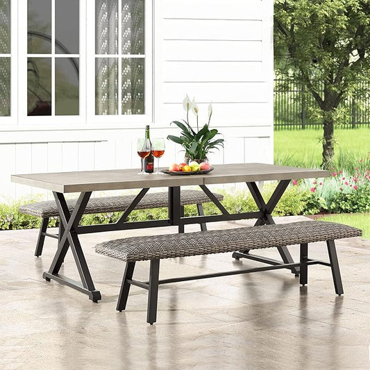Ulax furniture Outdoor Dining Set Umbrella Hole, Patio Furniture Table Chair with 1 Rectangular Table and 2 Wicker Benches, All-Weather Resistant Outdoor Dining Set