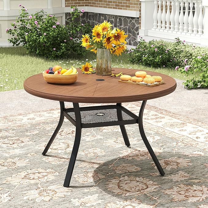 Outdoor Patio Round Dining Table for 4, 40.7" x 40.7" Sleek Aluminum Dining Table with Umbrella Hole for Backyard Garden Lawn Deck, Walnut
