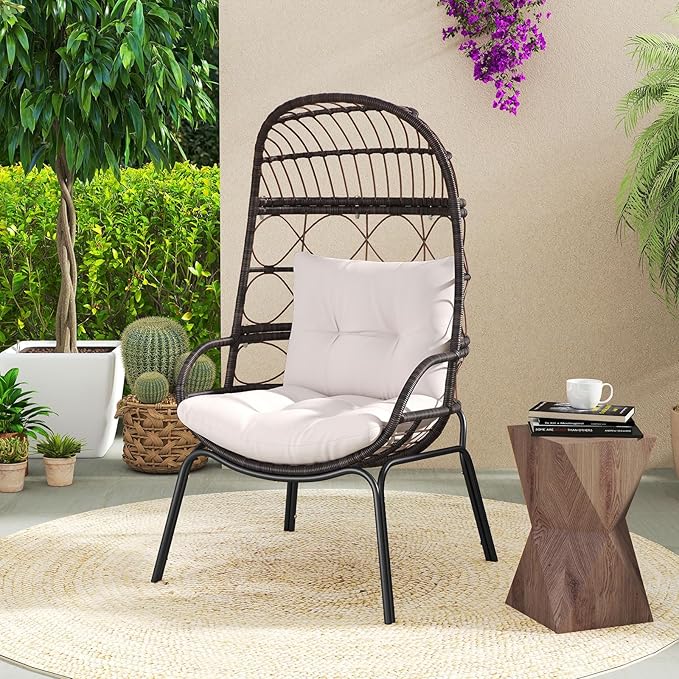 Tangkula Narrow Wicker Egg Chair Outdoor, Patio Rattan Lounge Basket with Seat & Back Cushions, Metal Indoor Outdoor Leisure Sofa Cocoon Chair for Bedroom, Backyard, Balcony, 400 lbs Max Load