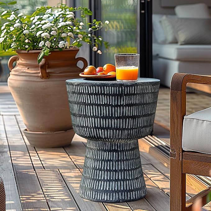 LuxenHome Outdoor Accent Side Table, 15'' Black Round Spiral Pattern End Table, Indoor Outdoor Coffee Furniture for Patio, Living Room, Backyard,Garden Stool and Plant Stand