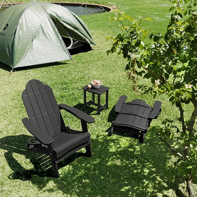 LUE BONA Folding Adirondack Chair Set of 2 with Adirondack Side Table, Black HDPS Fire Pit Adirondack Chairs with Cup Holder for Patio, Proch