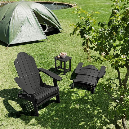 LUE BONA Folding Adirondack Chair Set of 2, Black HDPS Fire Pit Patio Chairs Weather Resistant, Modern Plastic Outdoor Chairs with Cup Holder
