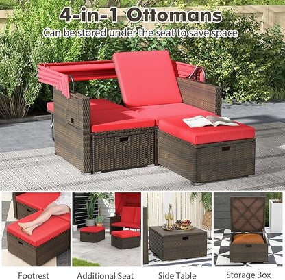 RELAX4LIFE Wicker Outdoor Daybed with Canopy - Rattan Loveseat Sofa Set w/Storage Ottomans, Adjustable Back, Retractable Trays, Sunbed Double Chaise Lounge for Backyard, 2-Seater Patio Daybed (Red)