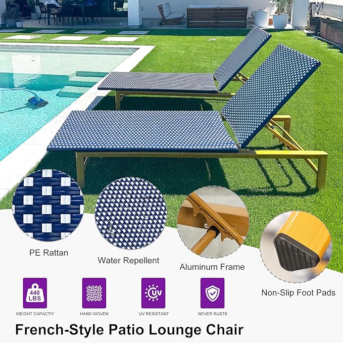 PURPLE LEAF Patio Chaise Lounge French Outdoor Lounger 2 Pieces Wood-Grain Finish Aluminum Wicker Lounge Chair with Adjustable Backrest for Pool Garden Beach and Backyard White and Navy
