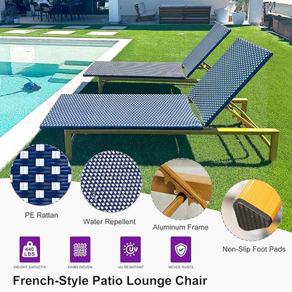 PURPLE LEAF Patio Chaise Lounge French Outdoor Lounger 2 Pieces Wood-Grain Finish Aluminum Wicker Lounge Chair with Adjustable Backrest for Pool Garden Beach and Backyard White and Navy