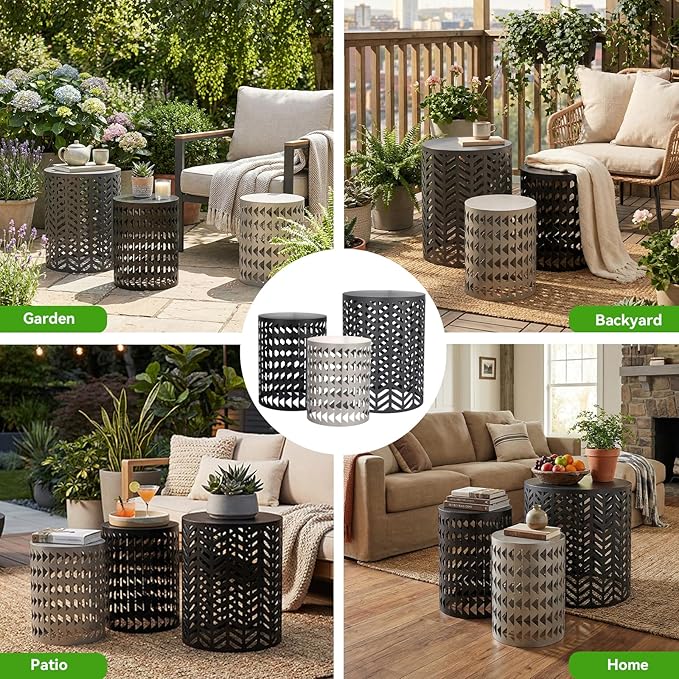 Outdoor Side Table, 3 Piece Garden Stool Set, Decorative Metal Side Table Stools, Stackable Patio Coffee Tables for Balcony, Garden, Indoor Living Room