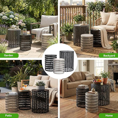 Outdoor Side Table, 3 Piece Garden Stool Set, Decorative Metal Side Table Stools, Stackable Patio Coffee Tables for Balcony, Garden, Indoor Living Room
