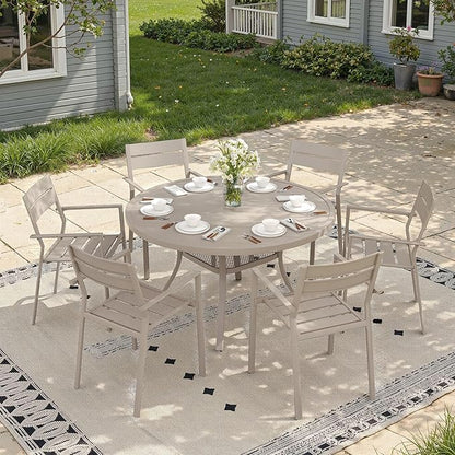 47.2" Patio Dining Table for 6, Round Outdoor Metal Dining Table with Umbrella Hole for Lawn Garden Backyard, Sandshell