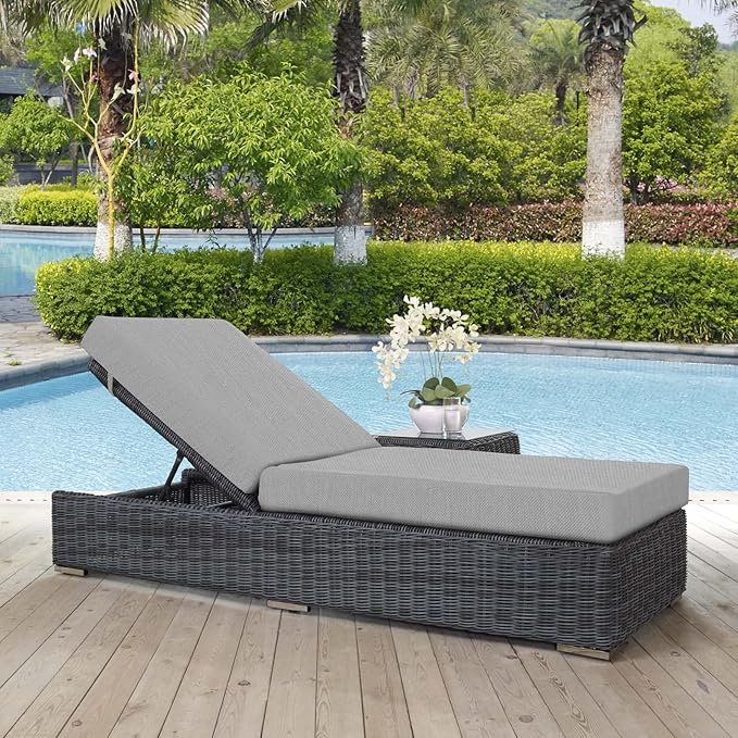 Modway Summon Wicker Rattan Aluminum Outdoor Patio Poolside Chaise Lounge Chair with Sunbrella® Fabric Cushions in Canvas Gray