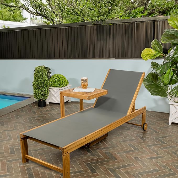 JONATHAN Y LNG1100A-2SET Trabuco Coastal Modern Acacia Wood Mesh 3-Position Outdoor Chaise Lounge Set with Side Table Transitional, Classic, Minimalist, Traditional, Contemporary, Dark Gray/Teak Brown