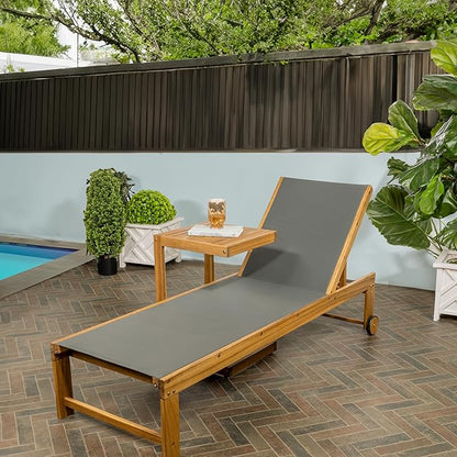 JONATHAN Y LNG1100A-2SET Trabuco Coastal Modern Acacia Wood Mesh 3-Position Outdoor Chaise Lounge Set with Side Table Transitional, Classic, Minimalist, Traditional, Contemporary, Dark Gray/Teak Brown
