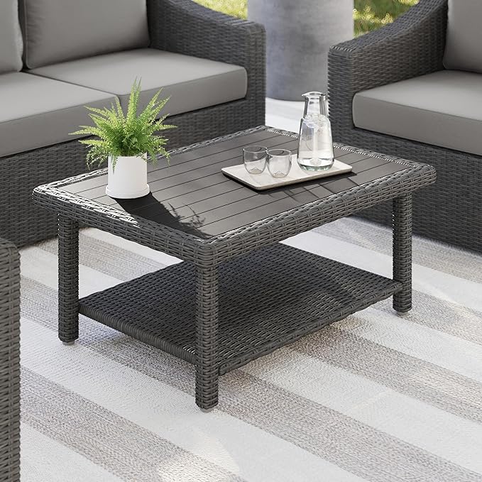 Martha Stewart Bedford Indoor-Outdoor Patio Coffee Table with Lower Shelf, Faux Wood Top - Photo 2