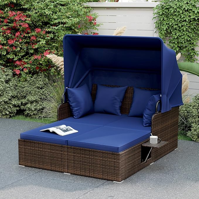 ORALNER Outdoor Daybed, 2-Person Wicker Patio Sofa with Retractable Canopy, Cushions & Pillows, 2 Side Trays - Photo 1