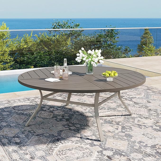 DIFY 63" Round Outdoor Patio Dining Table for 8-10, All-Weather Metal Steel Slatted Patio Table with 1.57" Adjustable Umbrella Hole for Garden, Backyard, Deck, Grey Wood-Like