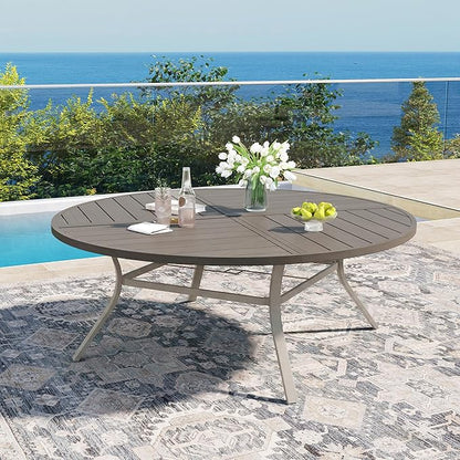 DIFY 63" Round Outdoor Patio Dining Table for 8-10, All-Weather Metal Steel Slatted Patio Table with 1.57" Adjustable Umbrella Hole for Garden, Backyard, Deck, Grey Wood-Like