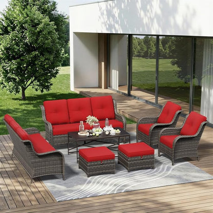 7 Piece Outdoor Wicker Patio Furniture Set, Patio Chairs Set with Thickened Olefin Cushions, High Back and Deep Seating, Hand-Woven PE Rattan, Ottoman for Porch, Deck