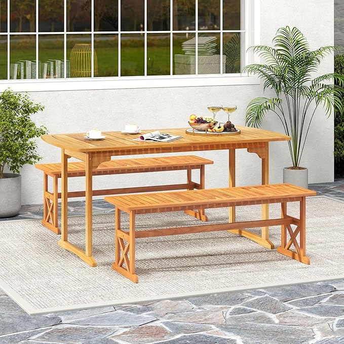 HAPPYGRILL Acacia Wood Outdoor Bench for 2-3 People, Patio Bench with Slatted Seat & X-Shaped Frame, for Porch Garden Backyard and Park (2)