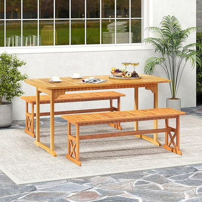 HAPPYGRILL Acacia Wood Outdoor Bench for 2-3 People, Patio Bench with Slatted Seat & X-Shaped Frame, for Porch Garden Backyard and Park (2)