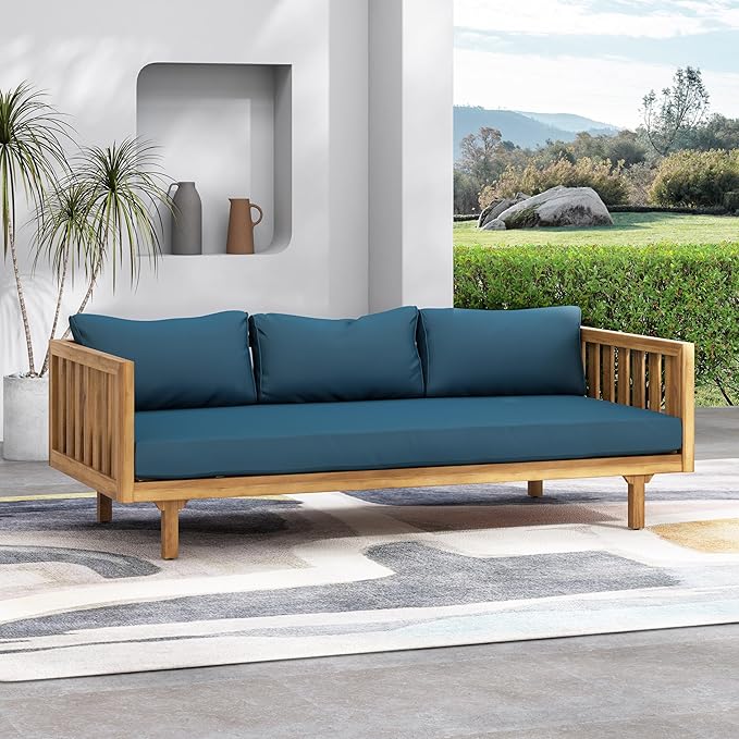 Merax Outdoor Acacia Wood Conversation Set - Patio 3-Seat Loveseat Sofa w/Coushion and Round Coffee Table for Backyard, Lawn, Balcony, Teak+Teal/Light Teak