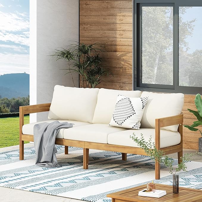 Brooklyn Outdoor 3 Seater Sofa with Cushions - Acacia Wood - Teak/Beige - Photo 2