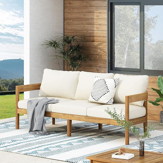Merax 76.5" Outdoor Acacia Wood Frame 3 Seater Sofa with Cushions for Patio,Garden