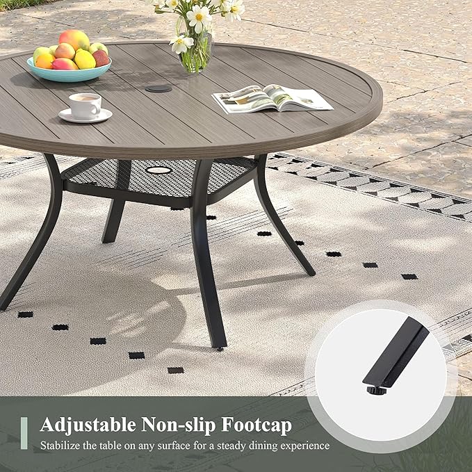 47.2" Patio Dining Table for 6, Round Outdoor Metal Dining Table with Umbrella Hole for Lawn Garden Backyard, Grey