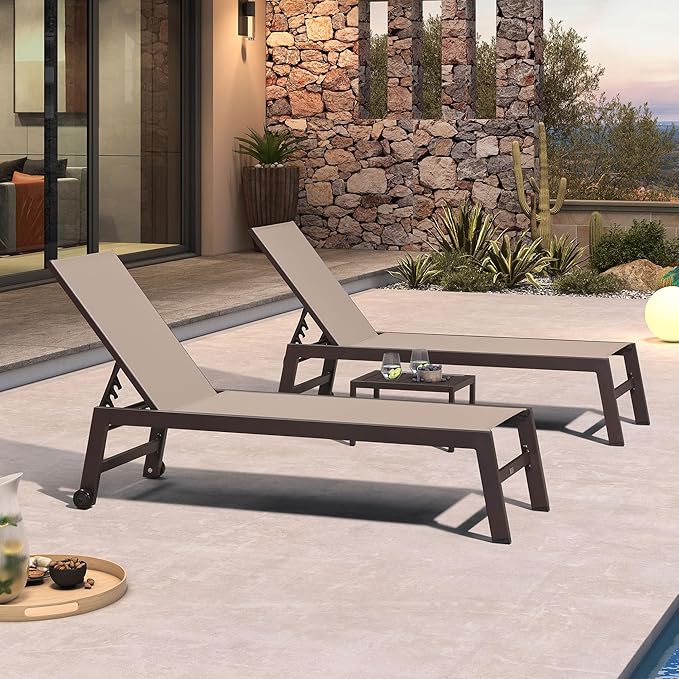 PURPLE LEAF Outdoor Chaise Lounge Chair Set of 2, Patio Pool Textilene Loungers with Adjustable Backrest and Wheels - Photo 1