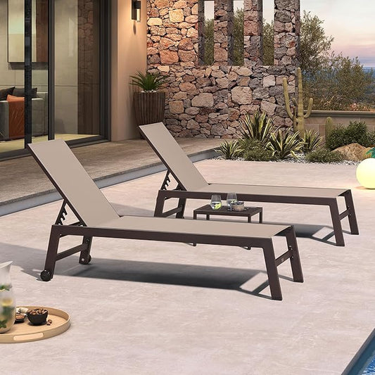 PURPLE LEAF Outdoor Chaise Lounge Chair Set of 2, Patio Pool Textilene Loungers with Adjustable Backrest and Wheels, Includes Side Table for Deck, Lawn, Garden, Taupe