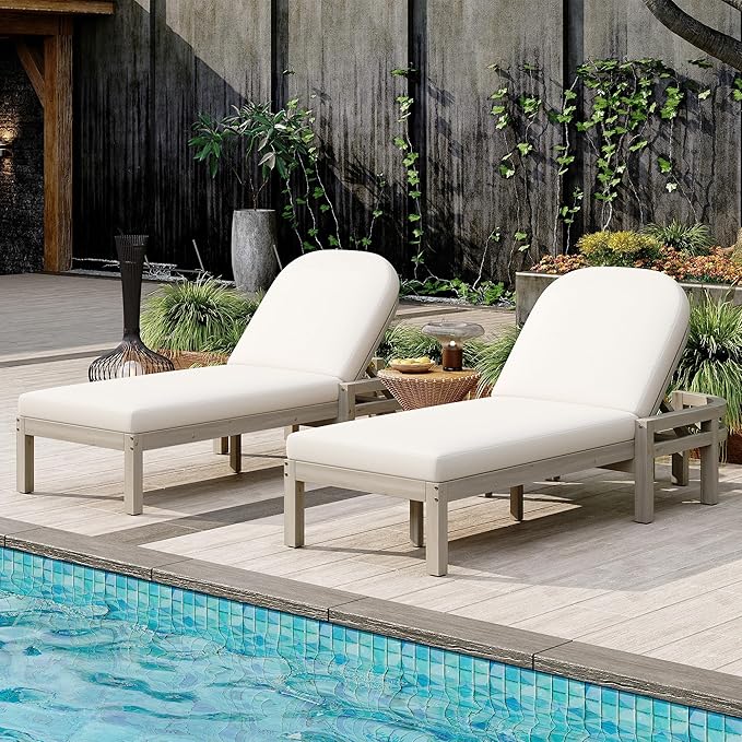 LUMISOL Outdoor Chaise Lounge Set of 2 Wood Patio Recliner Chairs with 5-Position Adjustable Backrest Cushions - Photo 5