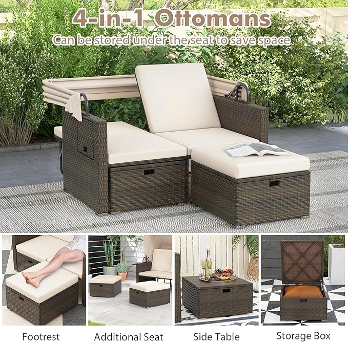RELAX4LIFE Wicker Outdoor Daybed with Canopy - Rattan Loveseat Sofa Set w/Storage Ottomans, Adjustable Back, Retractable Trays, Sunbed Double Chaise Lounge for Backyard, 2-Seater Patio Daybed (Beige)