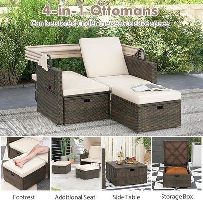 RELAX4LIFE Wicker Outdoor Daybed with Canopy - Rattan Loveseat Sofa Set w/Storage Ottomans, Adjustable Back, Retractable Trays, Sunbed Double Chaise Lounge for Backyard, 2-Seater Patio Daybed (Beige)