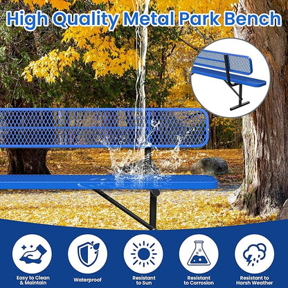 8FT Heavy Duty Park Bench with Back Portable Frame, Outdoor Steel Bench with Backrest, Outdoor Park Bench Expanded Metal Mesh Bench for Lawn, Park, Deck, Garden, Patio, Porch, Black (Blue, 8FT)
