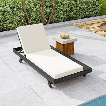 Christopher Knight Home Dami Patio Chaise Lounge Chair Outdoor with 4-Thick Cushion, Acacia Wood Poolside Sun Lounger with Space Available On One Side, Adjustable Backrest Pool Lounger, Black + Cream