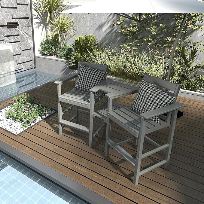 Tall Adirondack Chair Set of 2 ,HDPE Adirondack Bar Stools with Removable Connecting Trays ,Weather Resistant Balcony Chair,Outdoor Adirondack Bar Chairs for Patio,Pool,Garden, Backyard 360LBS Grey