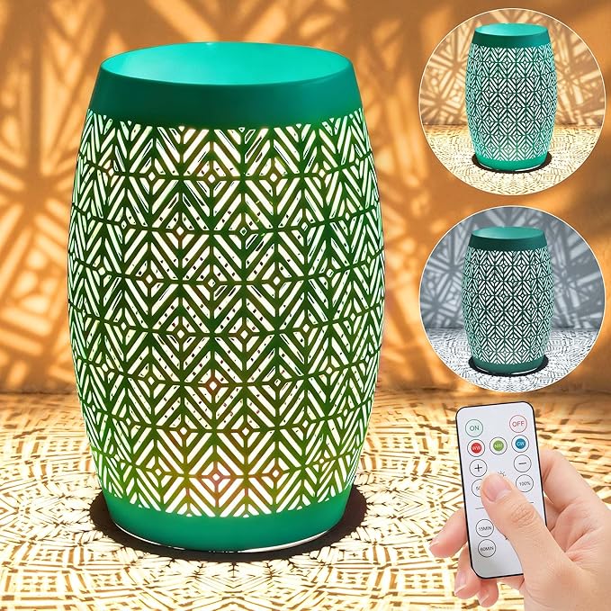 Large Side Table Outdoor,18" H LED Light Metal End Table with Geometric Cut-Out Design, Hollow Drum Coffee Accent Table Plant Stand with No Assembly & Weather-Resistant for Patio, Garden, Indoor