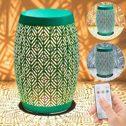 Large Side Table Outdoor,18" H LED Light Metal End Table with Geometric Cut-Out Design, Hollow Drum Coffee Accent Table Plant Stand with No Assembly & Weather-Resistant for Patio, Garden, Indoor