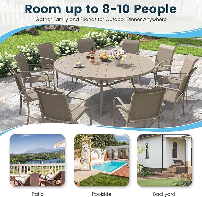 Patio Dining Table for 8-10, Round Metal Outdoor Table with 1.57" Umbrella Hole, 63" Outdoor Slat Tabletop Dining Table for Backyard, Porch, Lawn, Sand