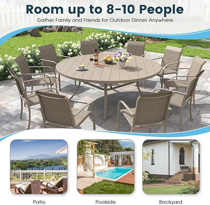 Patio Dining Table for 8-10, Round Metal Outdoor Table with 1.57" Umbrella Hole, 63" Outdoor Slat Tabletop Dining Table for Backyard, Porch, Lawn, Sand