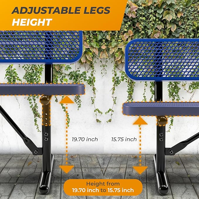 Heavy-Duty Outdoor Metal Bench, Thermoplastic-Coated, Portable, Weatherproof, Commercial-Grade for Parks, Gardens, Patios, Stores & More (8 Ft - Portable with Back, Blue)