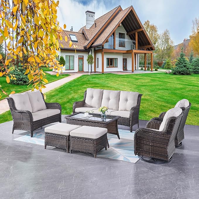 Rilyson Wicker Patio Furniture Set - 7 PC Rattan Outdoor Sectional Conversation Sets with 2 Rocking Swivel Chairs - Photo 1